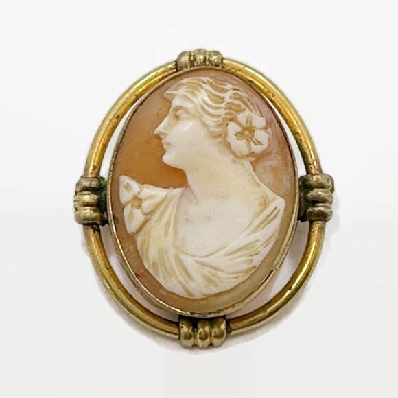 Cameo Brooch, Shell, Left Facing, Gold Filled, Art Deco, 1920s, Antique, Vintage - Picture 1 of 6